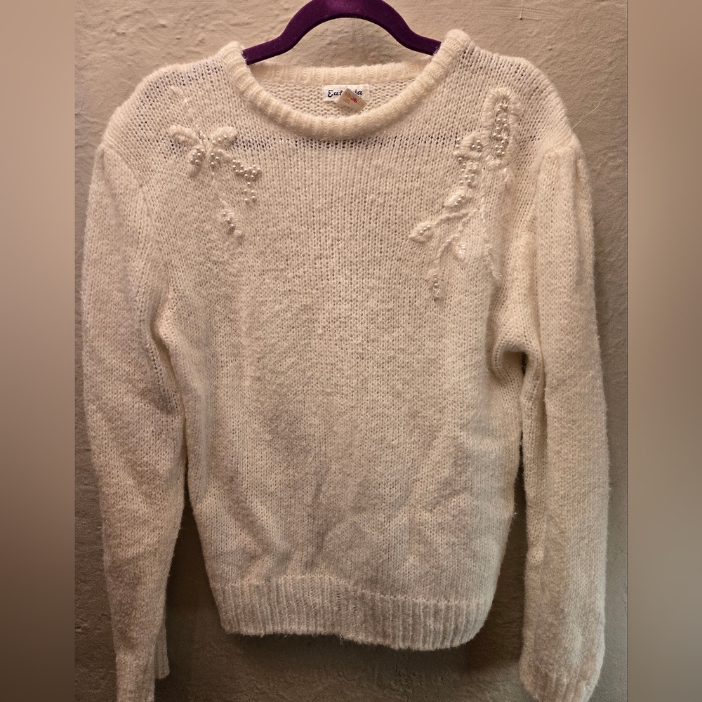 Vintage Cream Knit Sweater with Pearl Floral Appliqué | Coquette Cottagecore